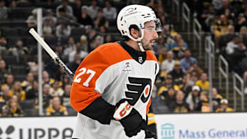 Sep 29, 2025; Boston, Massachusetts, USA;  Philadelphia Flyers left wing Noah Cates (27) reacts to his goal against the Boston Bruins during the second period at TD Garden. Mandatory Credit: Eric Canha-Imagn Images