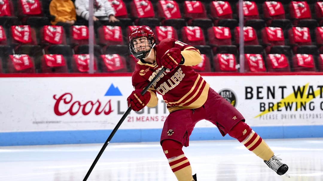 Boston College men's hockey defenseman Aram Minnetian warming up ahead of Boston University. 