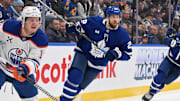 Nov 16, 2024; Toronto, Ontario, CAN;  Toronto Maple Leafs defenseman Jani Hakanpaa (28) pursues the play against the Edmonton Oilers in the second period at Scotiabank Arena. Mandatory Credit: Dan Hamilton-Imagn Images