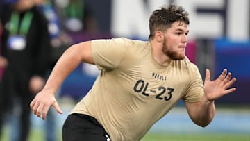 Mar 3, 2024; Indianapolis, IN, USA; West Virginia offensive lineman Zach Frazier (OL23) during the 2024 NFL Combine at Lucas Oil Stadium. Mandatory Credit: Kirby Lee-Imagn Images