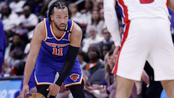 May 1, 2025; Detroit, Michigan, USA; New York Knicks guard Jalen Brunson (11) dribbles in the first half against the Detroit Pistons during game six of first round for the 2024 NBA Playoffs at Little Caesars Arena. Mandatory Credit: Rick Osentoski-Imagn Images
