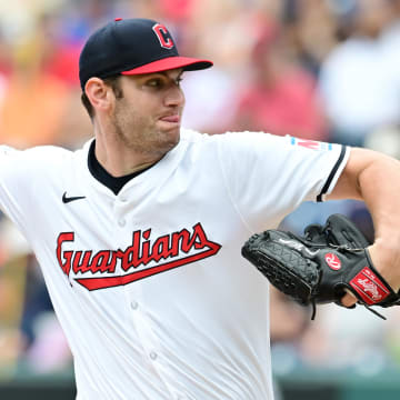 Jul 25, 2024; Cleveland, Ohio, USA; Cleveland Guardians starting pitcher Gavin Williams (32) throws a pitch during the first inning against the Detroit Tigers at Progressive Field. Mandatory Credit: Ken Blaze-USA TODAY Sports