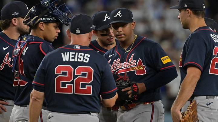 Oct 4, 2026; Los Angeles, California, USA;  Atlanta Braves pitcher Didier Fuentes (72) is relieved by manager Walt Weiss during the ninth inning after giving up a home run to Los Angeles Dodgers third baseman Max Muncy (not pictured) in game two of the NLDS for the 2026 MLB Playoffs at Uniqlo Field at Dodger Stadium.  Mandatory Credit: Jayne Kamin-Oncea-Imagn Images