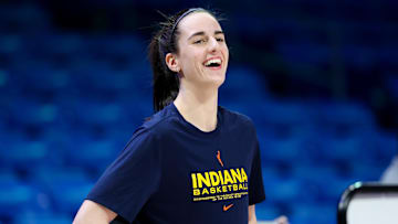 May 3, 2024; Dallas, Texas, USA; Indiana Fever guard Caitlin Clark (22) laughs before the game against the Dallas Wings at College Park Center.  Mandatory Credit: Kevin Jairaj-Imagn Images
