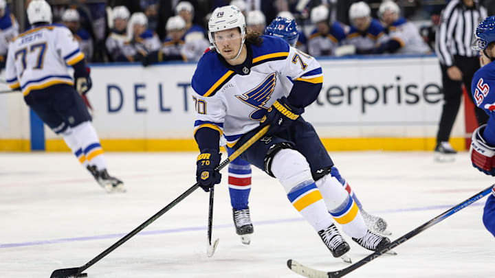Nov 25, 2024; New York, New York, USA; St. Louis Blues center Oskar Sundqvist (70) looks to shoot against the New York Rangers during the third period at Madison Square Garden. Mandatory Credit: Danny Wild-Imagn Images