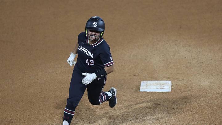 May 8, 2025; Athens, GA, USA; South Carolina utility Quincee Lilio (43) reacts to her home run during a game against Texas A&M at Jack Turner Stadium. Mandatory Credit: Mady Mertens-Imagn Images