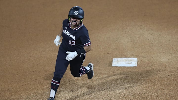 May 8, 2025; Athens, GA, USA; South Carolina utility Quincee Lilio (43) reacts to her home run during a game against Texas A&M at Jack Turner Stadium. Mandatory Credit: Mady Mertens-Imagn Images