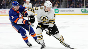 Dec 15, 2023; Elmont, New York, USA; Boston Bruins left wing Danton Heinen (43) controls the puck against New York Islanders defenseman Noah Dobson (8) during the first period at UBS Arena. Mandatory Credit: Brad Penner-Imagn Images