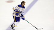 Buffalo Sabres center Eric Staal warms up before playing the Pittsburgh Penguins.