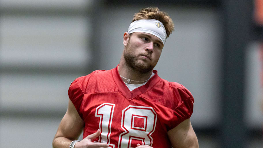 Quarterback Hunter Dekker participates in the New Orleans Saints' rookie minicamp. | Stephen Lew-Imagn Images