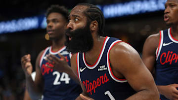 Dec 5, 2025; Memphis, Tennessee, USA; Los Angeles Clippers guard James Harden (1) reacts during the second quarter against the Memphis Grizzlies at FedExForum. Mandatory Credit: Petre Thomas-Imagn Images