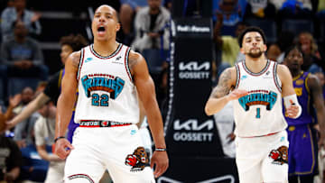 Mar 29, 2025; Memphis, Tennessee, USA; Memphis Grizzlies guard Desmond Bane (22) and guard Scotty Pippen Jr. (1) react during the second quarter against the Los Angeles Lakers at FedExForum. Mandatory Credit: Petre Thomas-Imagn Images