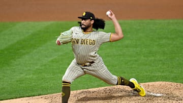 Oct 22, 2022; Philadelphia, Pennsylvania, USA; San Diego Padres starting pitcher Sean Manaea (55) pitches in the fourth inning during game four of the NLCS against the Philadelphia Phillies for the 2022 MLB Playoffs at Citizens Bank Park. Mandatory Credit: Kyle Ross-Imagn Images