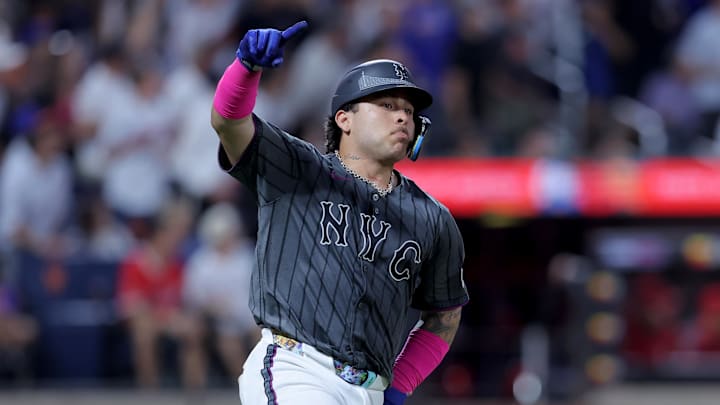 Jul 22, 2025; New York City, New York, USA; New York Mets catcher Francisco Alvarez (4) rounds the bases after hitting a two run home run against the Los Angeles Angels during the fifth inning at Citi Field. Mandatory Credit: Brad Penner-Imagn Images