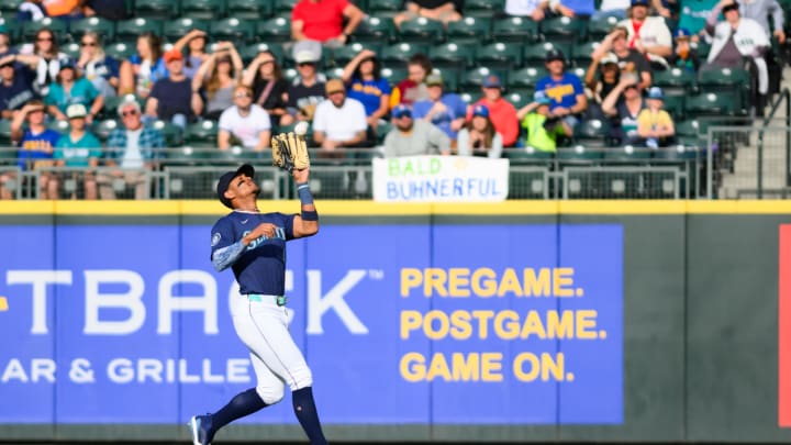 Seattle Mariners center fielder Julio Rodriguez (44) catches a fly ball during the first inning against the Chicago White Sox at T-Mobile Park on June 13.