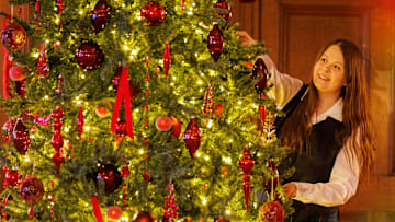 A person decorating a Christmas tree