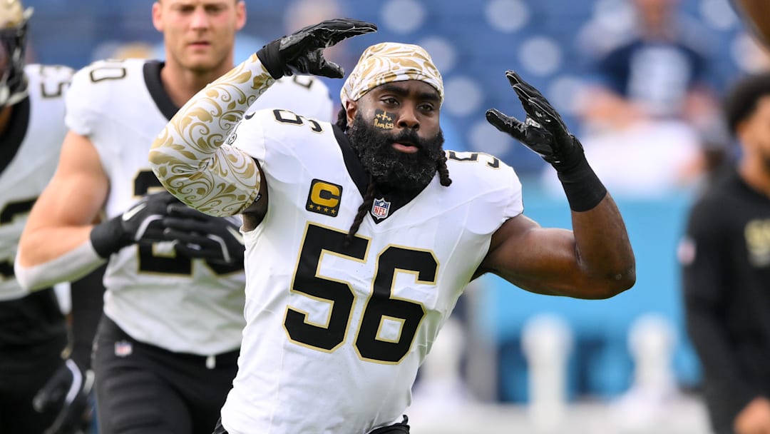Dec 28, 2025; Nashville, Tennessee, USA;  New Orleans Saints linebacker Demario Davis (56) stretches against the Tennessee Titans during pre-game warmups at Nissan Stadium. Mandatory Credit: Steve Roberts-Imagn Images