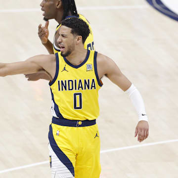 Jun 22, 2025; Oklahoma City, Oklahoma, USA; Indiana Pacers guard Tyrese Haliburton (0) reacts after a play against the Oklahoma City Thunder during the first half of game seven of the 2025 NBA Finals at Paycom Center. Mandatory Credit: Alonzo Adams-Imagn Images