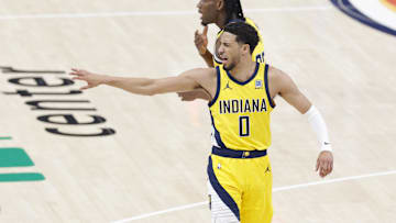Jun 22, 2025; Oklahoma City, Oklahoma, USA; Indiana Pacers guard Tyrese Haliburton (0) reacts after a play against the Oklahoma City Thunder during the first half of game seven of the 2025 NBA Finals at Paycom Center. Mandatory Credit: Alonzo Adams-Imagn Images