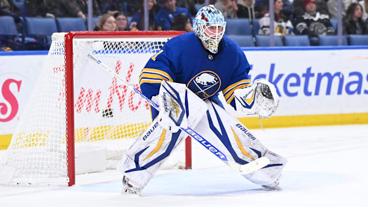 Nov 21, 2025; Buffalo, New York, USA; Buffalo Sabres goaltender Ukko-Pekka Luukkonen (1) guards the net against the Chicago Blackhawks in the third period at KeyBank Center. Mandatory Credit: Mark Konezny-Imagn Images