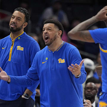 Mar 11, 2025; Charlotte, NC, USA; Pittsburgh Panthers head coach Jeff Capelr reacts to a foul call with zero on the clock late during the second half at Spectrum Center. Mandatory Credit: Jim Dedmon-Imagn Images