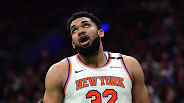 May 14, 2025; Boston, Massachusetts, USA; New York Knicks center Karl-Anthony Towns (32) reacts in the second half during game five of the second round for the 2025 NBA Playoffs against the Boston Celtics at TD Garden. Mandatory Credit: Bob DeChiara-Imagn Images