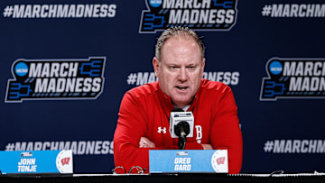 Mar 19, 2025; Denver, CO, USA; Wisconsin Badgers head coach Greg Gard during a press conference at Ball Arena. Mandatory Credit: Isaiah J. Downing-Imagn Images