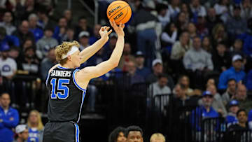 Brigham Young Cougars forward Richie Saunders shoots the ball during the first half against the Alabama Crimson Tide during an East Regional semifinal of the 2025 NCAA tournament at Prudential Center. 