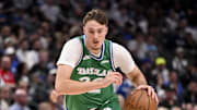 Oct 26, 2025; Dallas, Texas, USA; Dallas Mavericks forward Cooper Flagg (32) brings the ball up court against the Toronto Raptors during the second half at the American Airlines Center. Mandatory Credit: Jerome Miron-Imagn Images