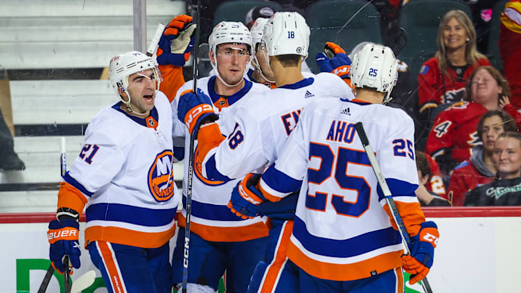 Nov 18, 2023; Calgary, Alberta, CAN; New York Islanders center Brock Nelson (29) celebrates his goal