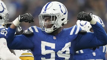 Sep 29, 2024; Indianapolis, Indiana, USA; Indianapolis Colts defensive end Dayo Odeyingbo (54) reacts to a play Sunday, Sept. 29, 2024, during a game against the Pittsburgh Steelers at Lucas Oil Stadium. Mandatory Credit: Christine Tannous-USA TODAY Network via Imagn Images