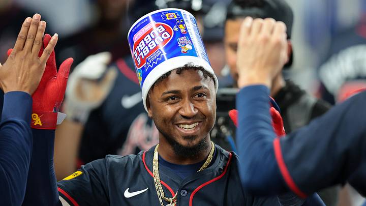 Aug 27, 2025; Miami, Florida, USA; Atlanta Braves second baseman Ozzie Albies (1) celebrates after hitting a three-run home run against the Miami Marlins during the third inning at loanDepot Park. Mandatory Credit: Sam Navarro-Imagn Images