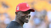Tampa Bay Buccaneers head coach Todd Bowles () warms up for a game against the Pittsburgh Steelers