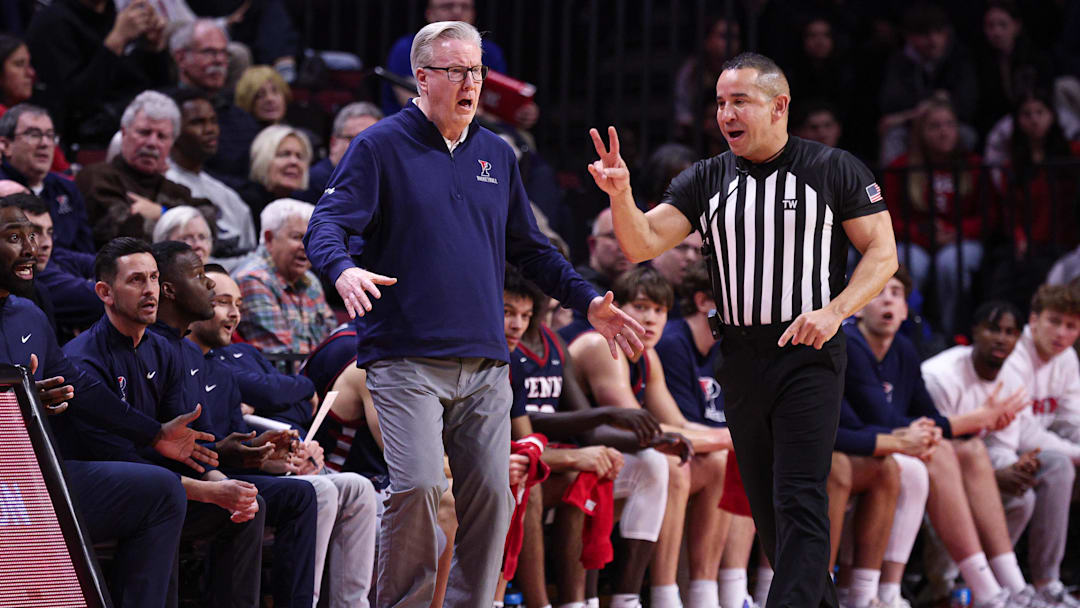 Dec 20, 2025; Piscataway, New Jersey, USA; Penn Quakers head coach Fran McCaffery reacts during the first half against the Rutgers Scarlet Knights at Jersey Mike's Arena. Mandatory Credit: Vincent Carchietta-Imagn Images
