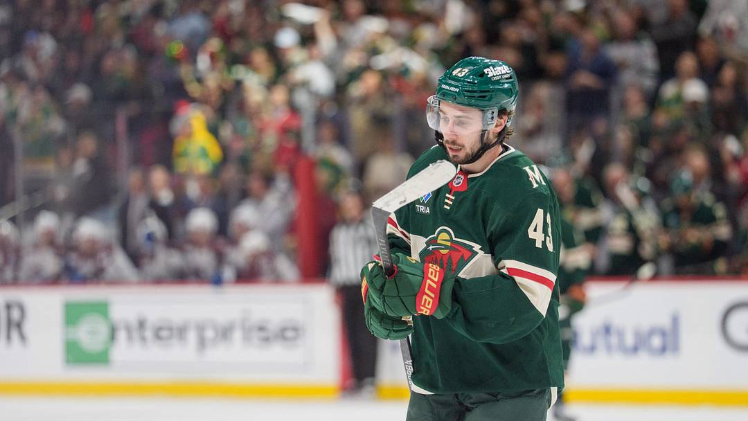 May 9, 2026; Saint Paul, Minnesota, USA; Minnesota Wild defenseman Quinn Hughes (43) skates after scoring against the Colorado Avalanche in the first period of game three of the second round of the 2026 Stanley Cup Playoffs at Grand Casino Arena. Mandatory Credit: Matt Blewett-Imagn Images