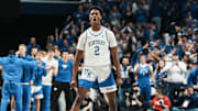 Kentucky Wildcats guard Jaxson Robinson (2) celebrates his score against Arkansas Saturday Feb. 1, 2025 at Rupp Arena in Lexington, Kentucky.