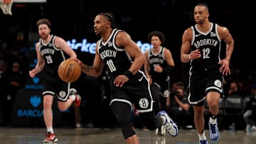 Apr 10, 2025; Brooklyn, New York, USA; Brooklyn Nets guard Tyson Etienne (10) brings the ball up court against the Atlanta Hawks during the second quarter at Barclays Center. Mandatory Credit: Brad Penner-Imagn Images