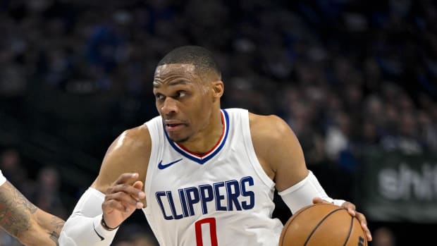 Apr 26, 2024; Dallas, Texas, USA; LA Clippers guard Russell Westbrook (0) brings the ball up court against the Dallas Mavericks during the second quarter during game three of the first round for the 2024 NBA playoffs at the American Airlines Center. Mandatory Credit: Jerome Miron-USA TODAY Sports