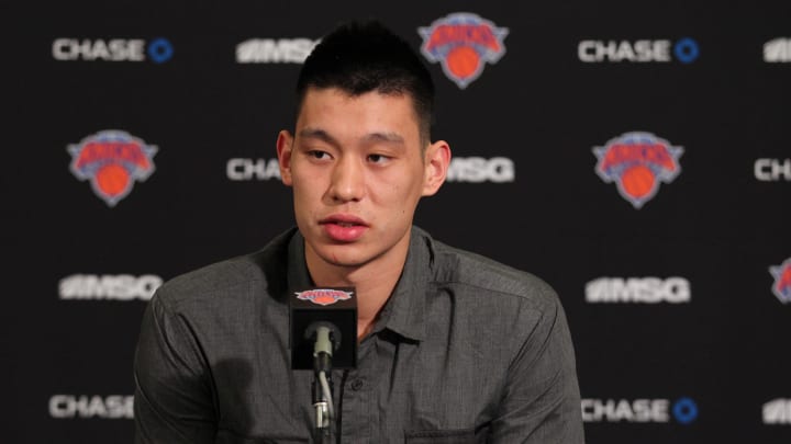 Mar 31, 2012; New York, NY, USA;  New York Knicks point guard Jeremy Lin (17) holds a press conference to announce that he will be out for the remainder of the season with a partially torn meniscus before the game against the Cleveland Cavaliers at Madison Square Garden.  Mandatory Credit: Anthony Gruppuso-USA TODAY Sports