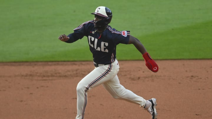 Jul 5, 2024; Cleveland, Ohio, USA; Cleveland Guardians center fielder Angel Martinez (1) runs the bases in the first inning against the San Francisco Giants at Progressive Field. Mandatory Credit: David Richard-USA TODAY Sports