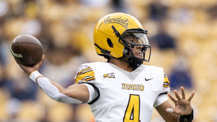 September 16, 2023; Berkeley, California, USA; Idaho Vandals quarterback Gevani McCoy (4) passes the football against the California Golden Bears during the first quarter at California Memorial Stadium. Mandatory Credit: Kyle Terada-USA TODAY Sports