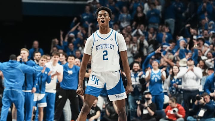 Kentucky Wildcats guard Jaxson Robinson (2) celebrates his score against Arkansas Saturday Feb. 1, 2025 at Rupp Arena in Lexington, Kentucky. Kentucky Wildcats guard Jaxson Robinson (2) celebrates his score against Arkansas Saturday Feb. 1, 2025 at Rupp Arena in Lexington, Kentucky.