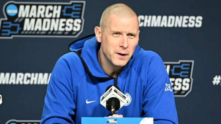Mar 20, 2024; Omaha, NE, USA;  Brigham Young Cougars head coach Mark Pope talks with the media during the NCAA first round practice session at CHI Health Center Omaha. Mandatory Credit: Steven Branscombe-USA TODAY Sports