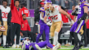 Oct 23, 2023; Minneapolis, Minnesota, USA; San Francisco 49ers tight end George Kittle (85) catches a pass against the Minnesota Vikings in the fourth quarter at U.S. Bank Stadium. Mandatory Credit: Brad Rempel-Imagn Images