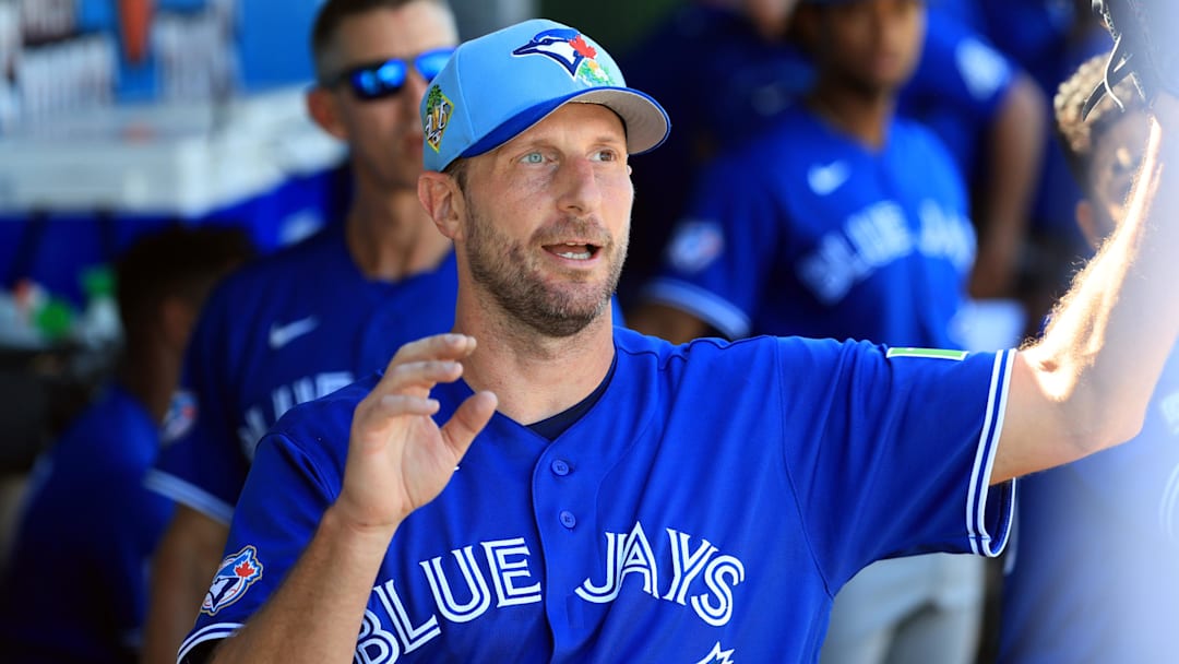 Mar 7, 2026; Clearwater, Florida, USA;  Toronto Blue Jays staring pitcher Max Scherzer (31) during the game against the Philadelphia Phillies at BayCare Ballpark. Mandatory Credit: Kim Klement Neitzel-Imagn Images