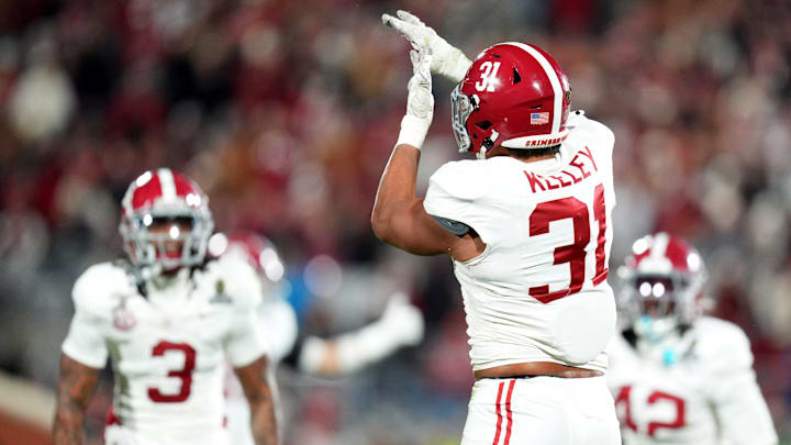 Alabama's Keon Keeley (31) celebrates a sack during the College Football Playoff game between the University of Oklahoma Sooners (OU) and the Alabama Crimson Tide at the Gaylord Family – Oklahoma Memorial Stadium in Norman, Okla., Friday Dec. 19, 2025.