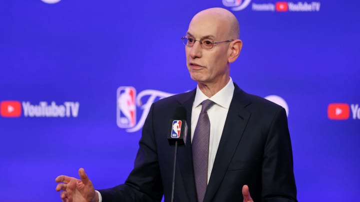 Jun 6, 2024; Boston, Massachusetts, USA; NBA commissioner Adam Silver speaks before game one of the 2024 NBA Finals between the Boston Celtics and the Dallas Mavericks at TD Garden. Mandatory Credit: Peter Casey-USA TODAY Sports