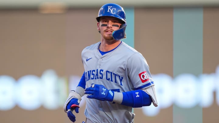 Aug 12, 2024; Minneapolis, Minnesota, USA; Kansas City Royals shortstop Bobby Witt Jr. (7) celebrates his home run against the Minnesota Twins in the first inning at Target Field. 