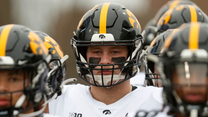 Iowa Hawkeyes offensive lineman Mason Richman (78) takes to the field ahead of the NCAA football game against the Purdue Boilermakers, Saturday, Nov. 5, 2022, at Ross-Ade Stadium in West Lafayette, Ind. Iowa won 24-3.

Purdueiowafb110522 Am30025
