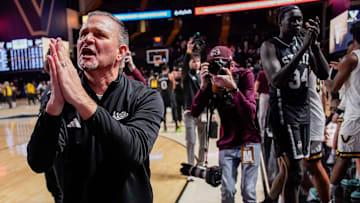 Mississippi State head coach Chris Jans celebrates after defeating Vanderbilt at Memorial Gymnasium in Nashville, Tenn., Tuesday, Jan. 7, 2025.